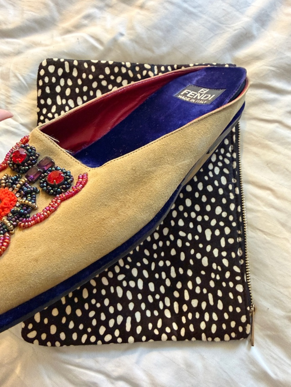 Fendi Tan Suede Beaded Mules with Multicolor Embellishment - Picture 11 of 12